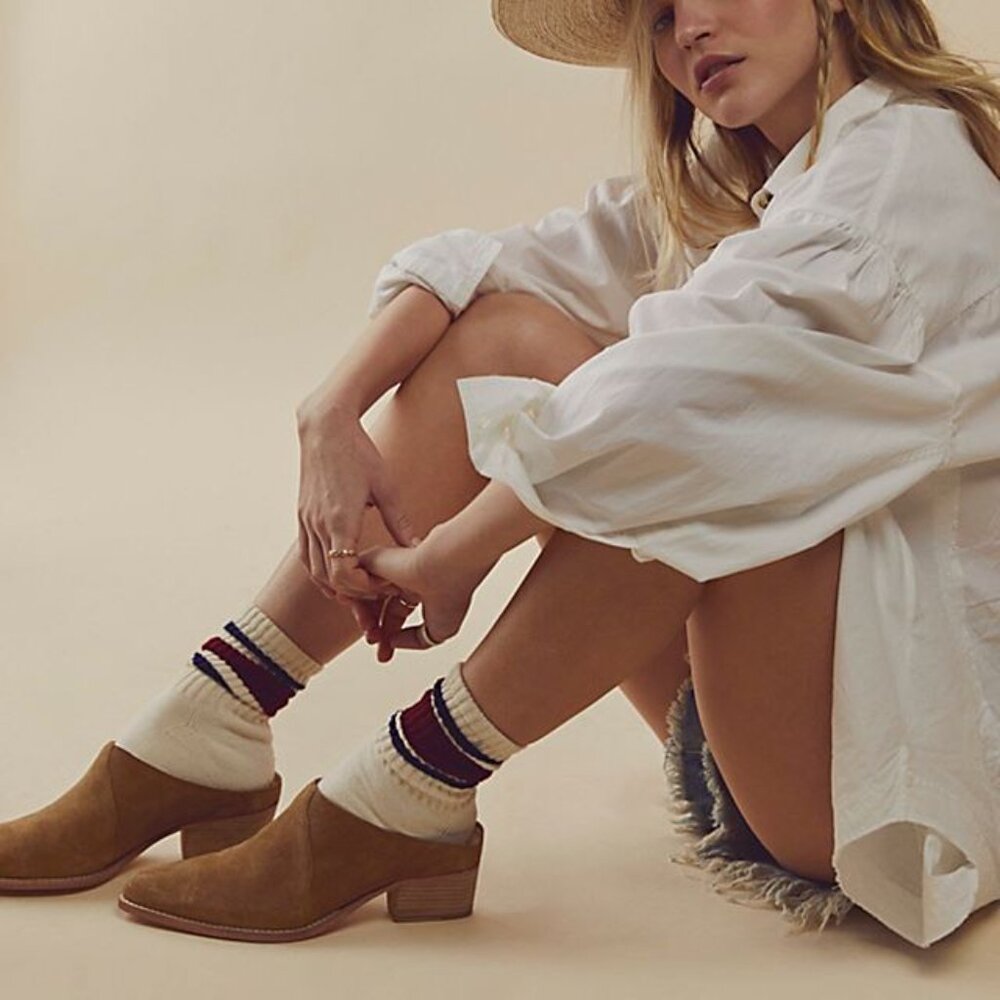 Free People New Frontier Camel Suede Leather  Western Mules Size 38